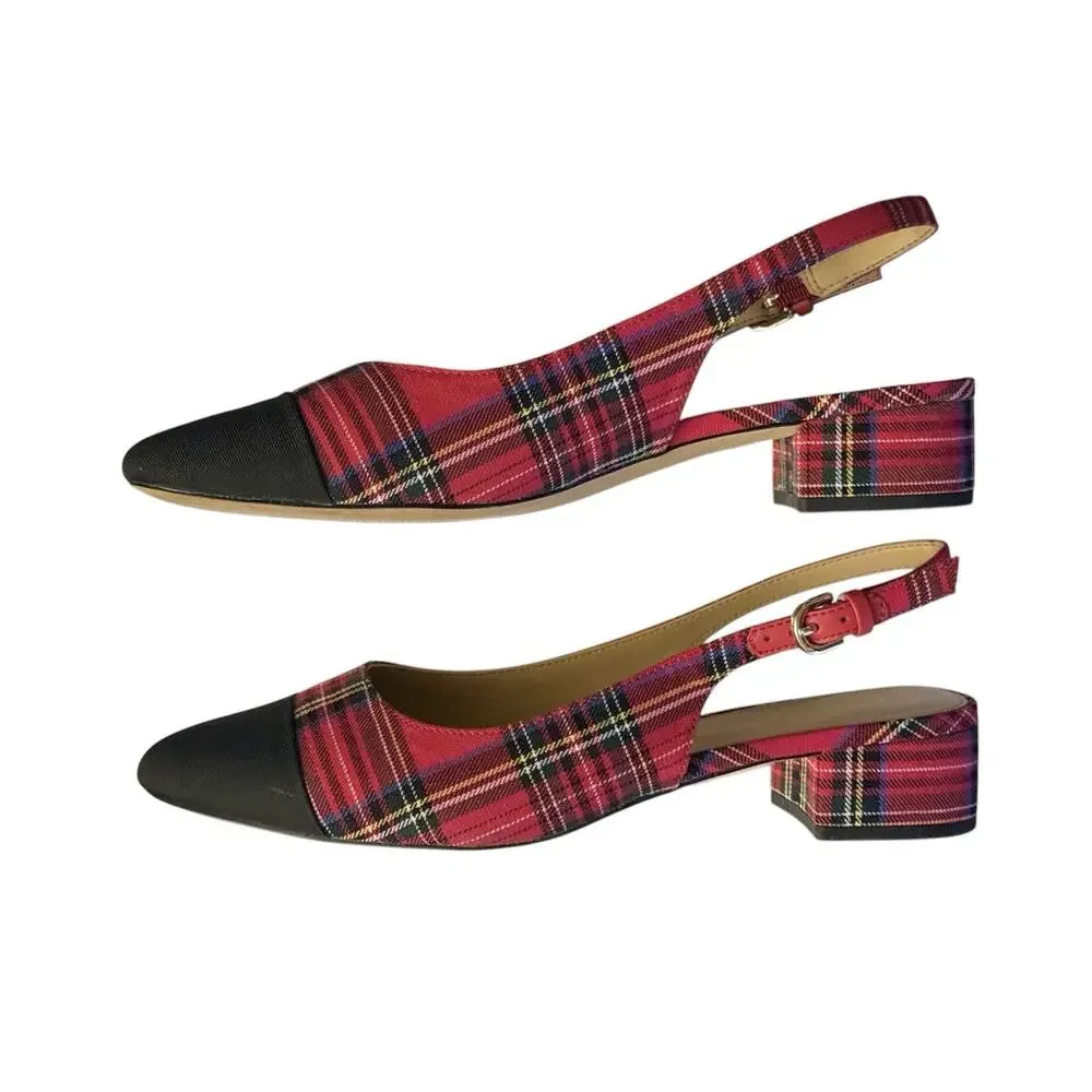 J.Crew Tartan Cap Toe Holiday Low-Heel Slingback Flat Red Black Plaid 8.5 M